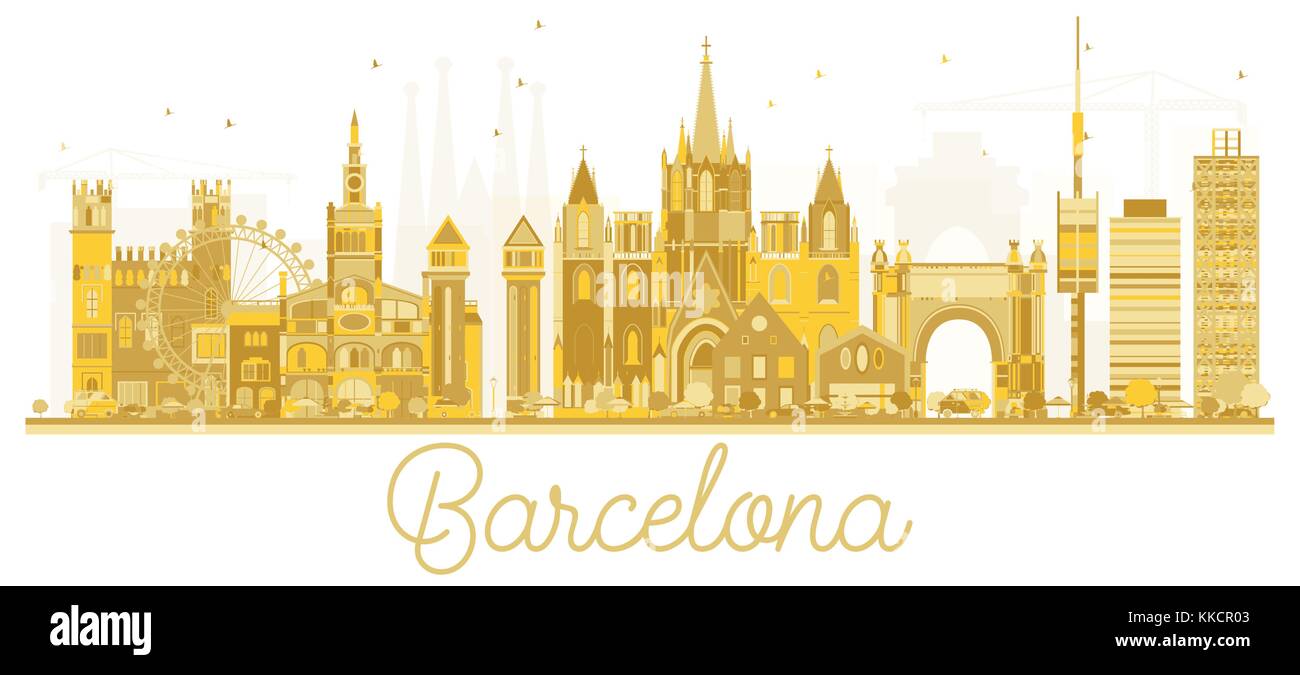 Barcelone Espagne City skyline silhouette d'or. Vector illustration. Concept de voyages d'affaires. Vue urbaine avec des points de repère. Illustration de Vecteur