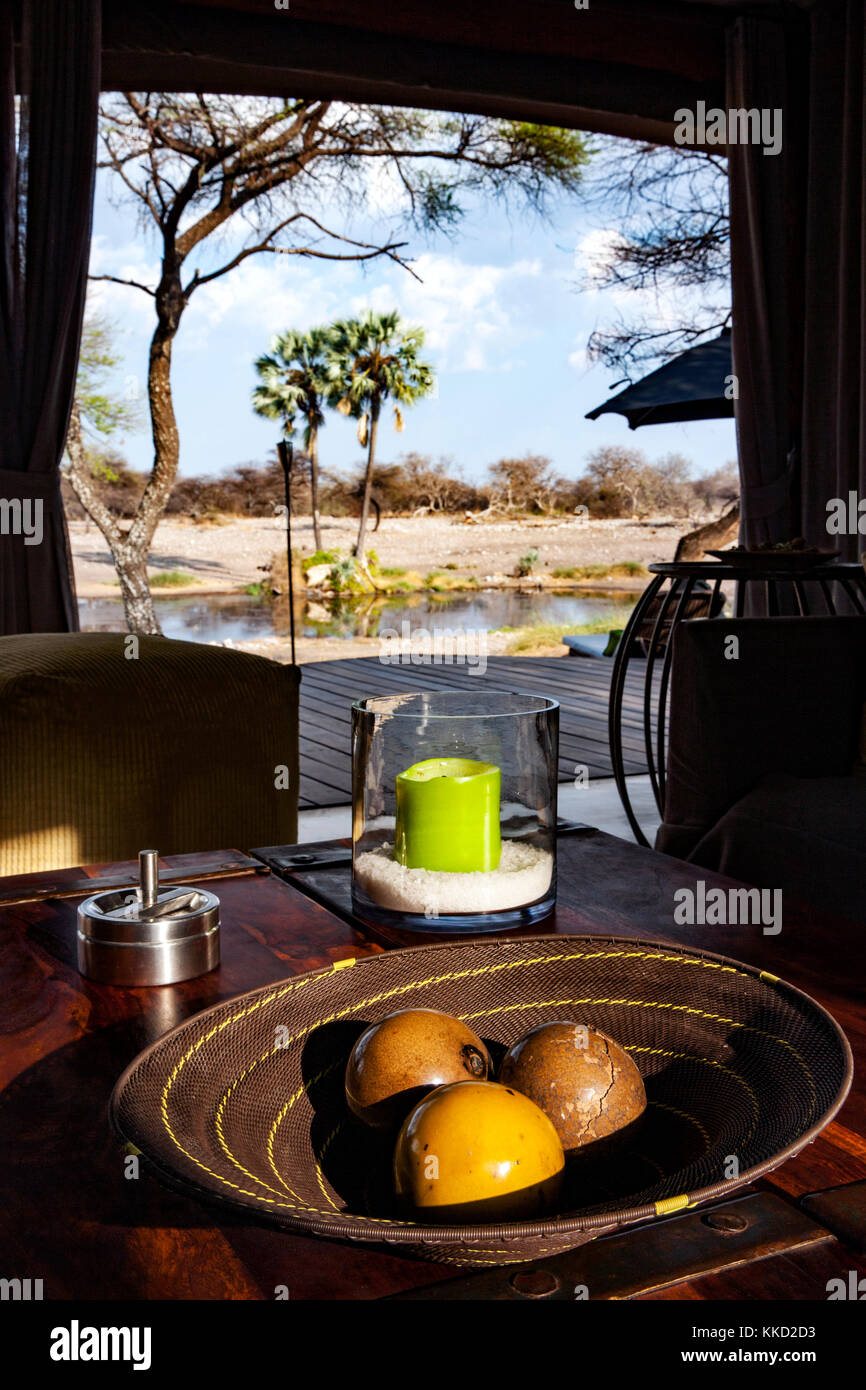 Salon du onguma Tented Camp, onguma game reserve, la Namibie, l'Afrique Banque D'Images