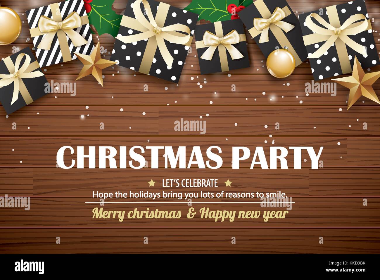Arrière-plan de l'affiche de la fête de Noël modèle. typographie et boîte-cadeau en bois brun sur. Illustration de Vecteur