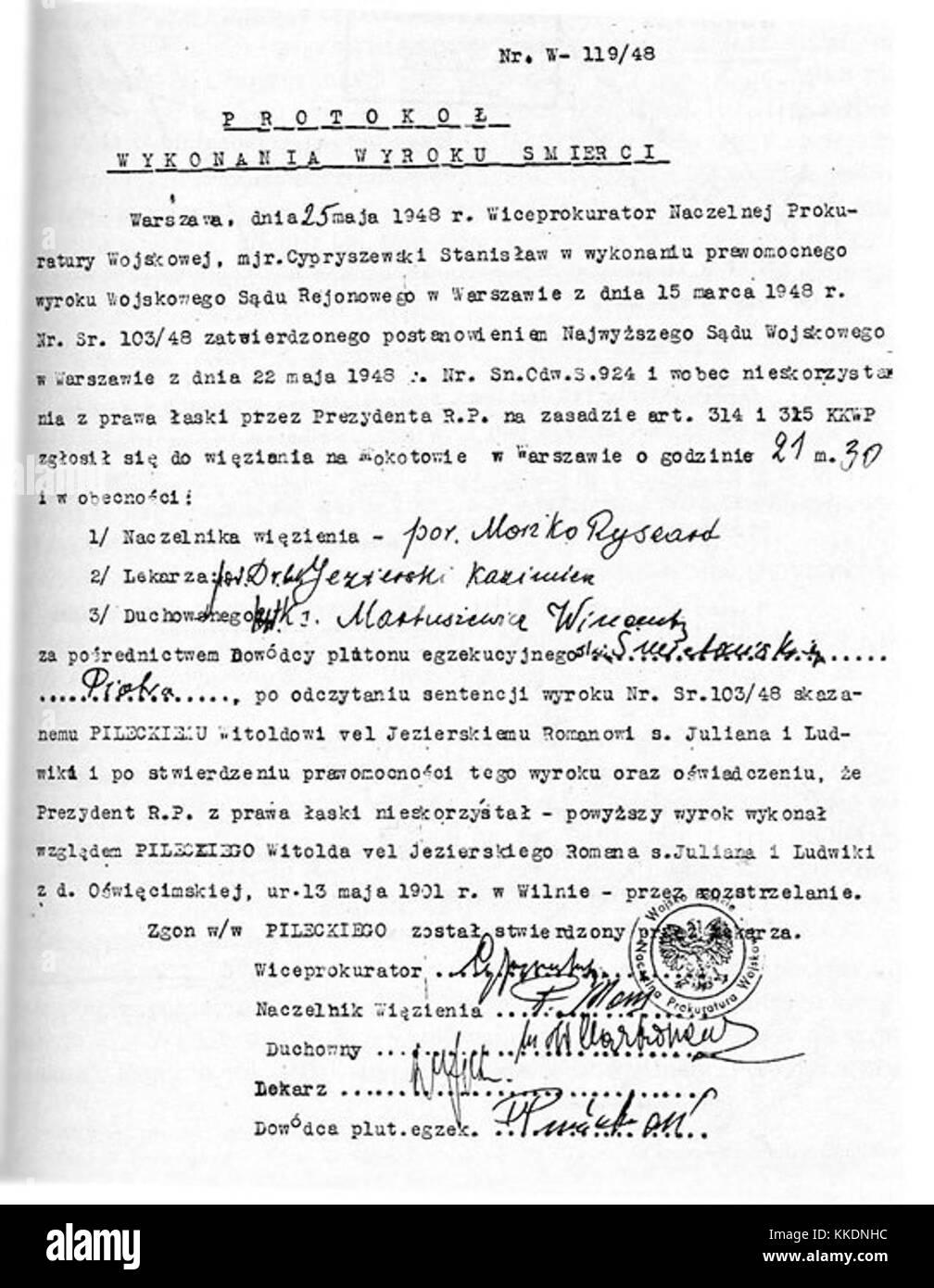 Witold Pilecki - protokol z egzekucji (exécution certificat signé par Smietanski) 1948 Banque D'Images