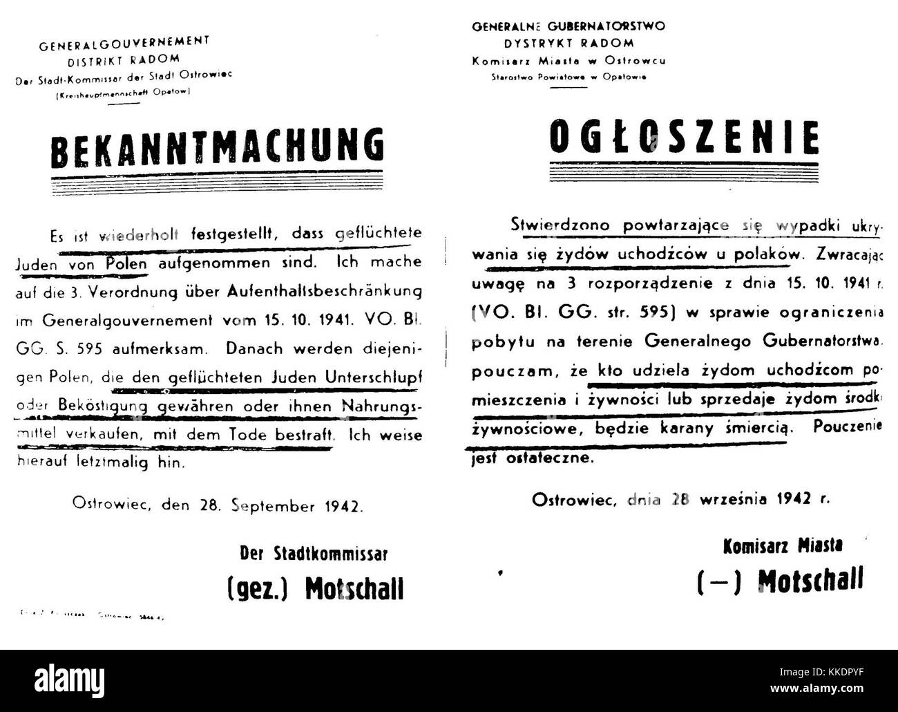 Bekanntmachung Matschall Ostrowiec 1942 Banque D'Images