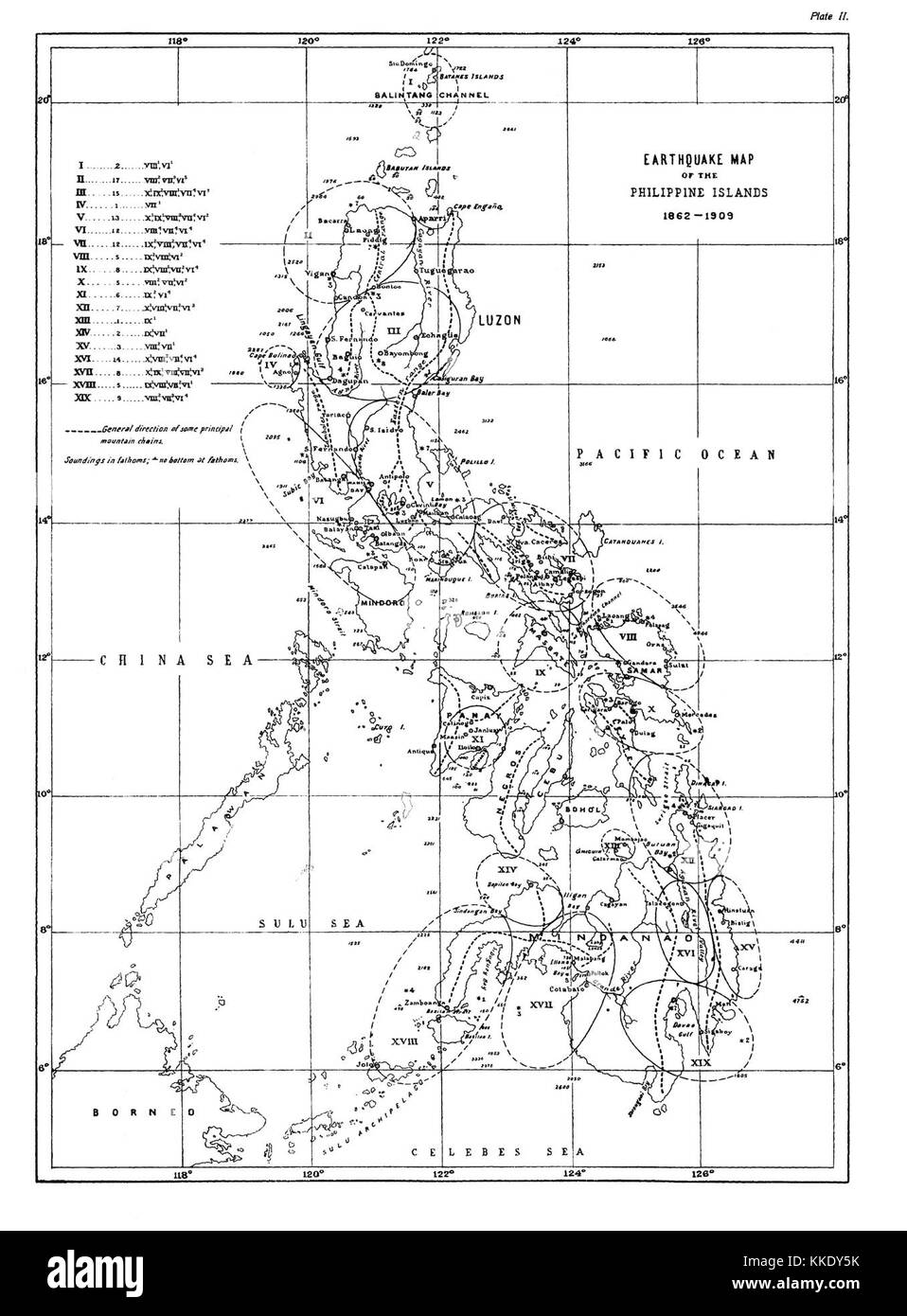 Cette carte sismique des Philippines, couvrant les années 1862-1909, montre l’activité sismique dans la région, mettant en évidence les événements importants et leur impact sur l’histoire et les infrastructures du pays au cours de cette période. Banque D'Images