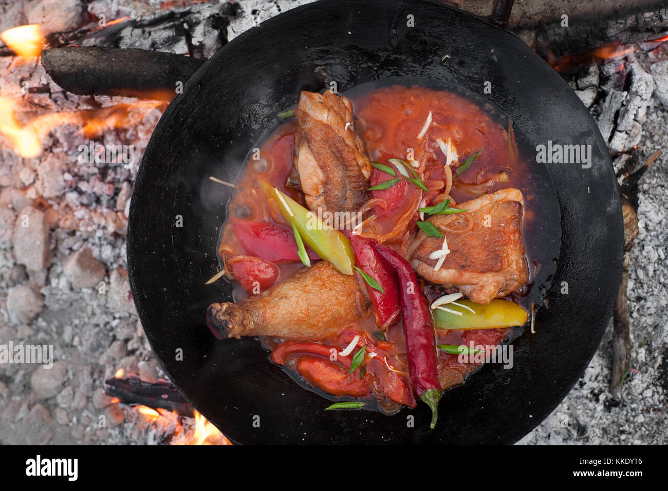 Plat avec la viande de poulet est cuit sur des charbons. Le plat est cuit et fumé sur un charbon Banque D'Images