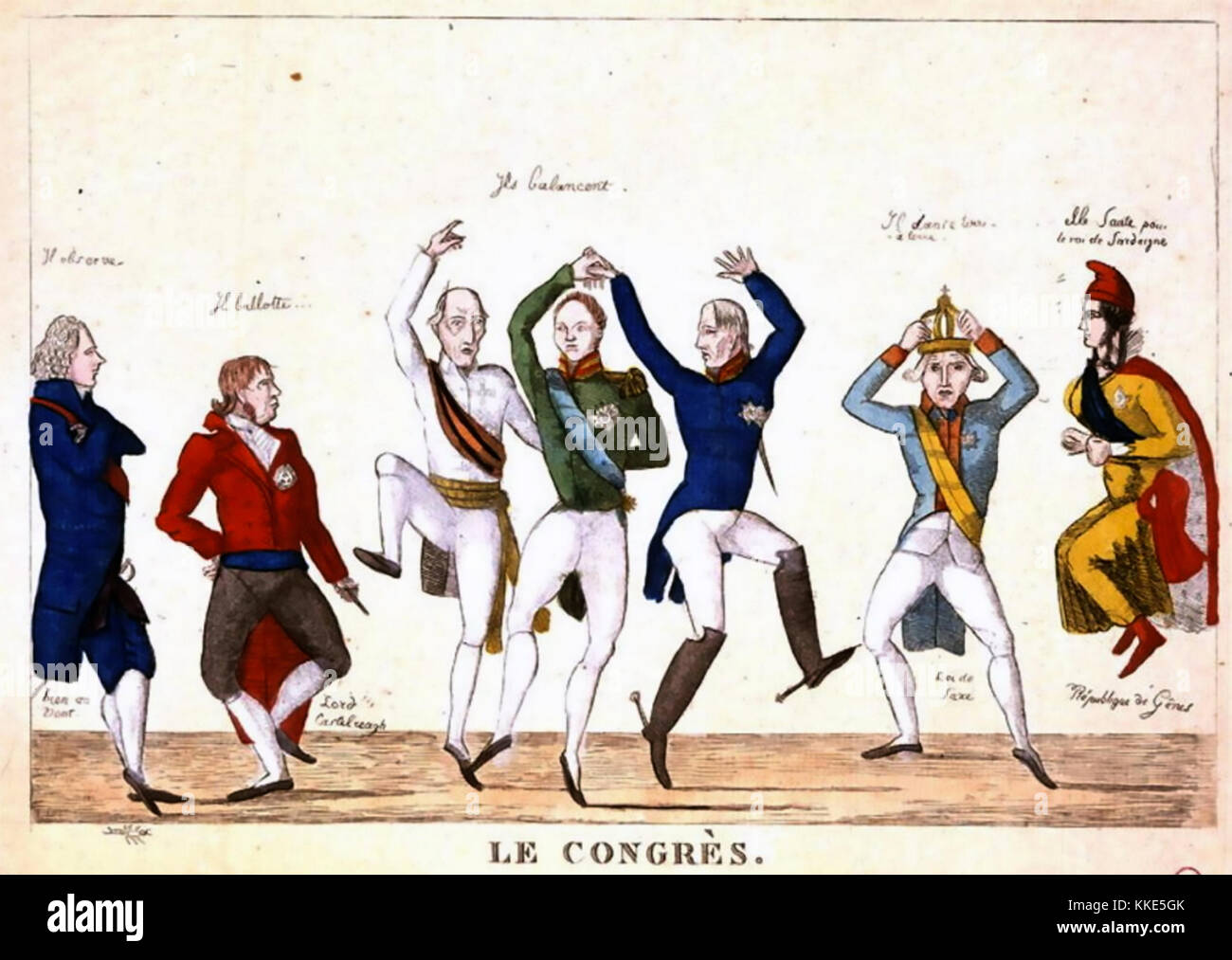 CONGRÈS DE VIENNE 1815. Une caricature française satirique montrant le centre de la Russie, de la Prusse et de l'Autriche dansant sur les ordres de Castlereagh en manteau rouge avec la France à droite dans la casquette Banque D'Images