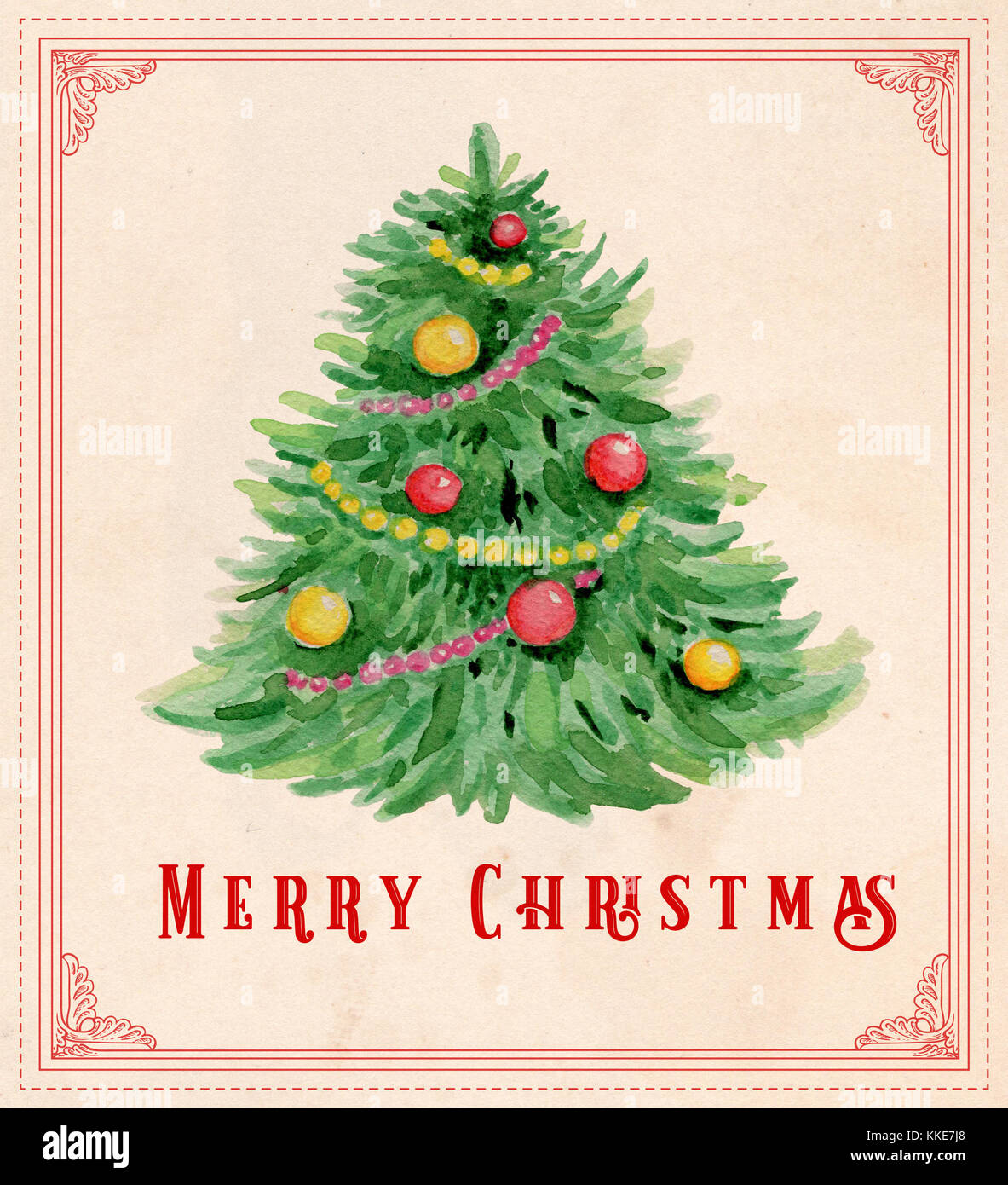 Hand drawn vintage carte de vœux de Noël à l'aquarelle. vert sapin et décorations Banque D'Images