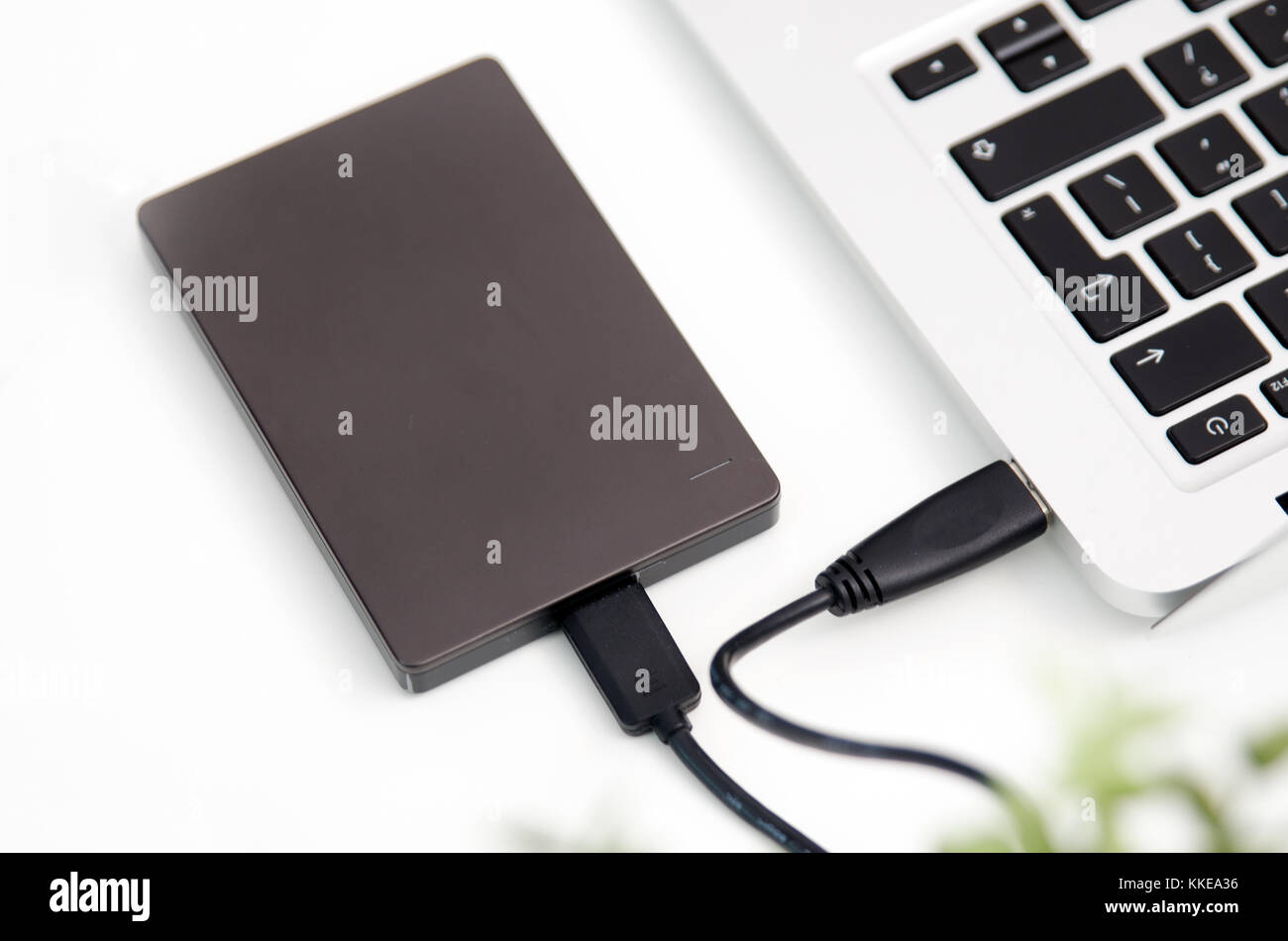Disque de sauvegarde externe disque dur connecté à l'ordinateur portable. disque dur externe disque de sauvegarde de données informatique concept usb Banque D'Images
