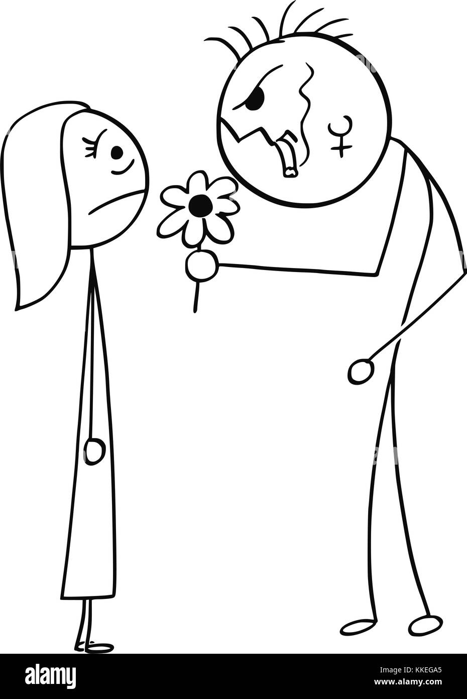 Cartoon stick man dessin illustration de jeune femme surpris sur la date avec laid mohawk hairstyle man punk dangereuses avec fleur et d'un cigare. Illustration de Vecteur