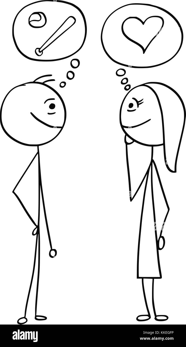 Cartoon stick man dessin illustration de la différence entre l'homme et la femme parle de sport de baseball et l'amour du symbole du cœur. Illustration de Vecteur