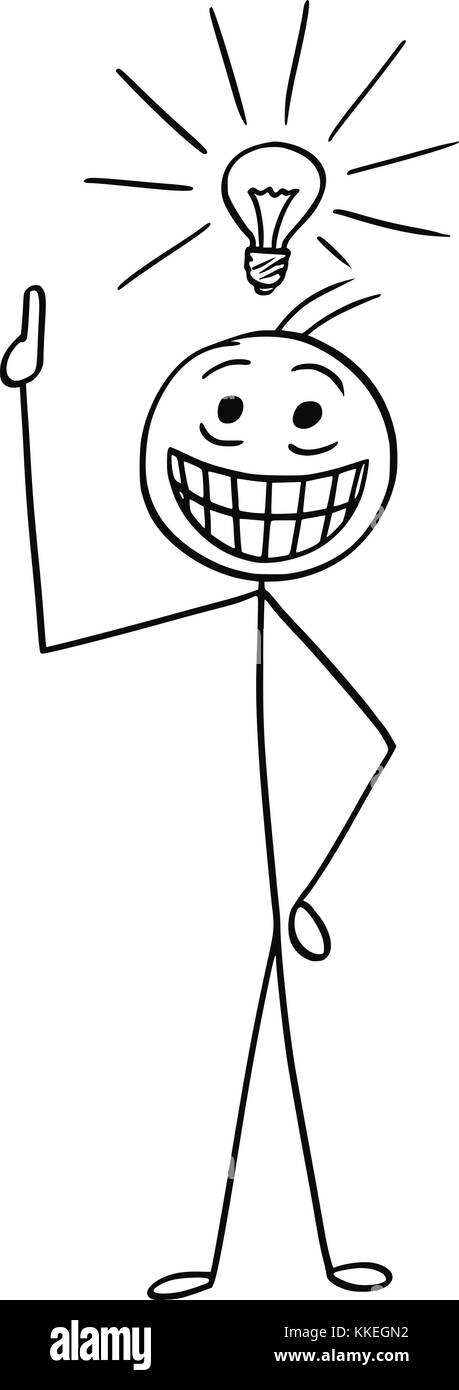 Cartoon stick man dessin illustration de l'homme à la lampe qui brille au-dessus de sa tête et avec beaucoup d'heureux sourire. Il a juste obtenu une grande idée. Illustration de Vecteur
