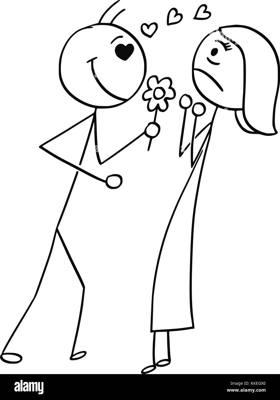 Cartoon stick man dessin illustration de femme à résister à la confession d'amour déclaration d'homme avec des fleurs et des symboles ci-dessus. Illustration de Vecteur