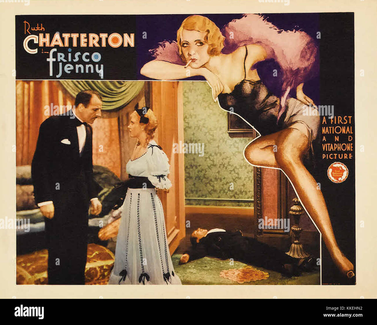 L'affiche de « Frisco Jenny » met en lumière le film de 1932, un drame policier mettant en vedette une forte participation féminine, avec pour toile de fond une ville rude et déchirée par la criminalité. Banque D'Images