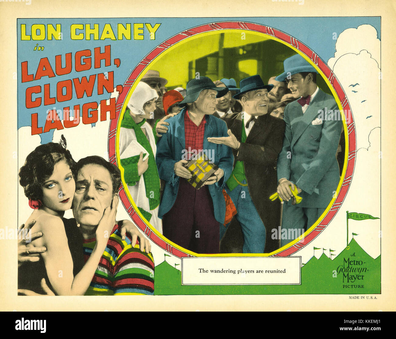 Une affiche de film vintage pour le film *Laugh, Clown, Laugh*, un film muet de 1928 mettant en vedette Lon Chaney. L'affiche reflète les thèmes de la tragédie et de la comédie au cœur du film, mettant en vedette la performance emblématique de Chaney en tant que clown. Banque D'Images