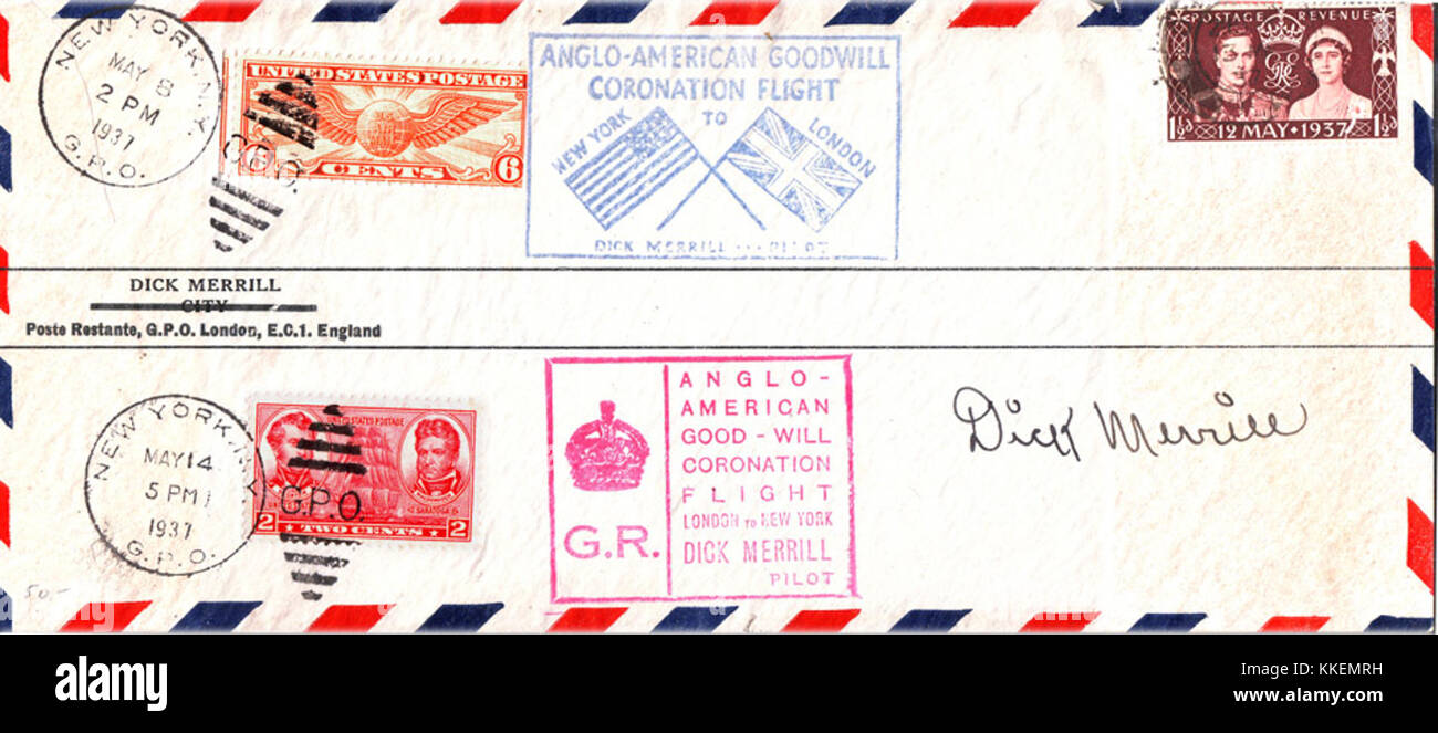 La couverture de vol du couronnement de bonne volonté anglo-américain de 1937 est une enveloppe commémorative célébrant le couronnement du roi George VI, entre le Royaume-Uni et les États-Unis. Banque D'Images