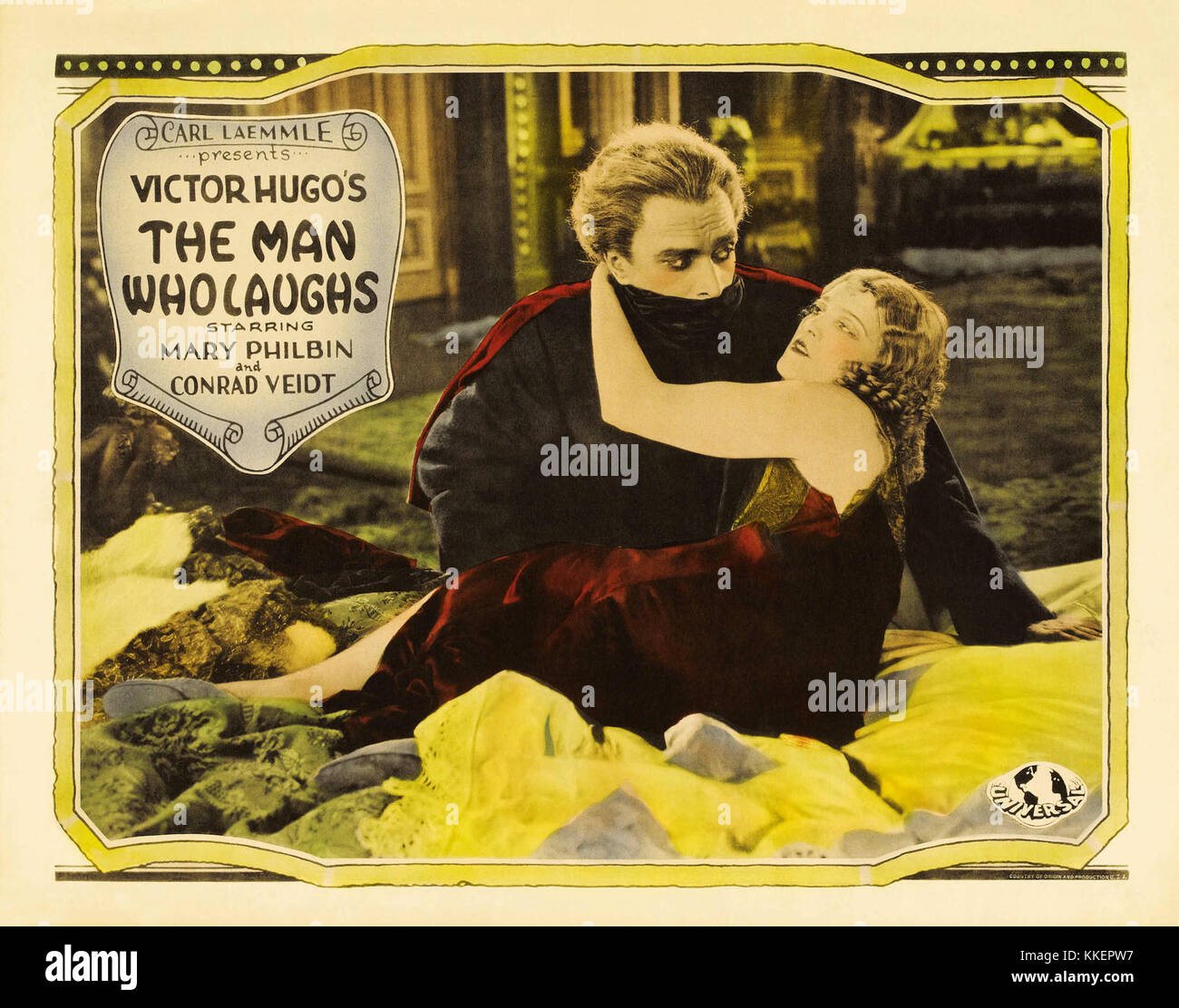 L'affiche Man Who Laughs fait référence au matériel promotionnel du film muet de 1928, mettant en vedette le personnage emblématique interprété par Conrad Veidt. Il est basé sur le roman de Victor Hugo, illustrant les thèmes de la tragédie et du rejet sociétal. Banque D'Images