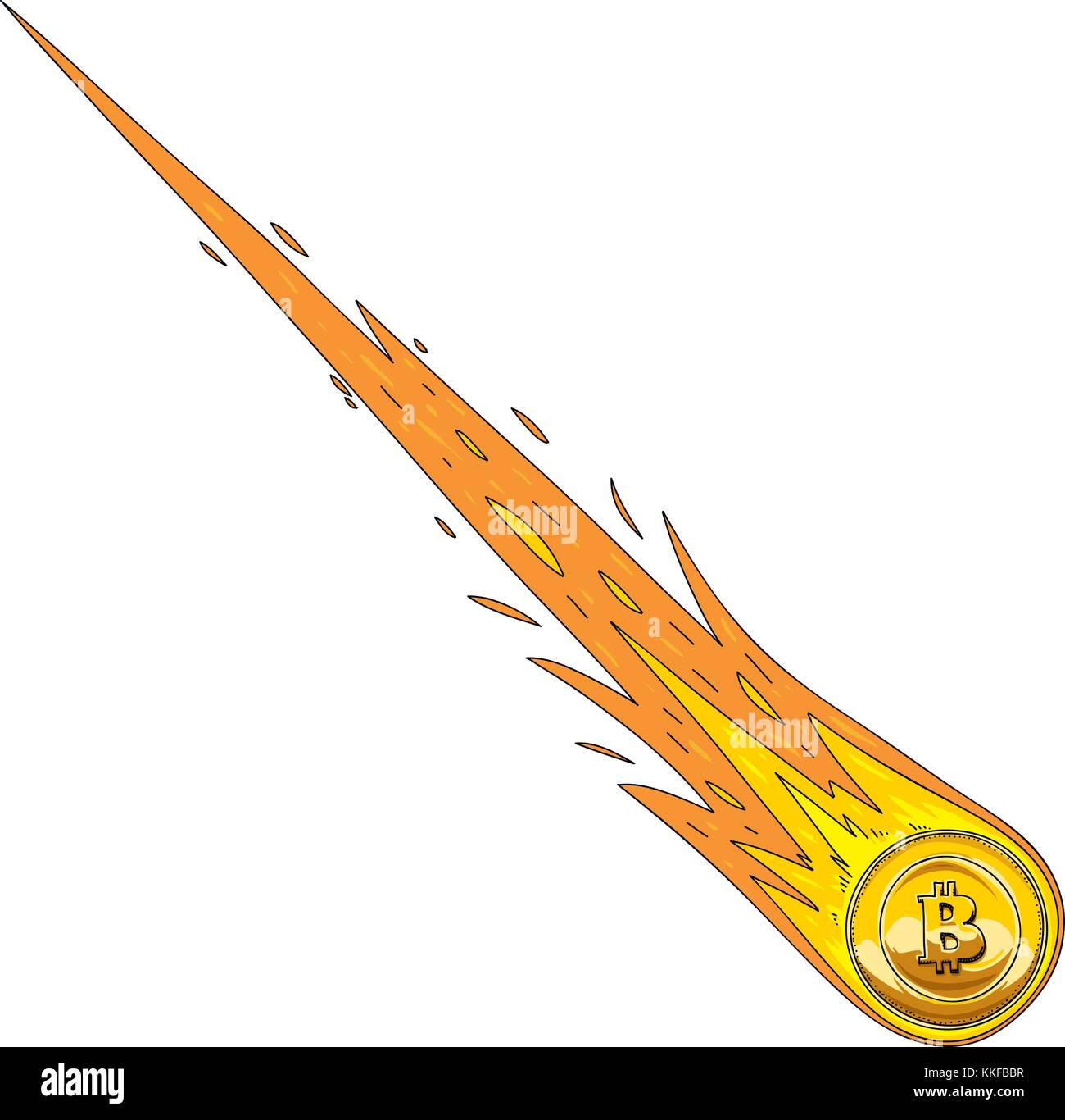 Un dessin animé comme monnaie bitcoin une étoile filante brûler sur le feu comme il tombe vers la terre. Illustration de Vecteur