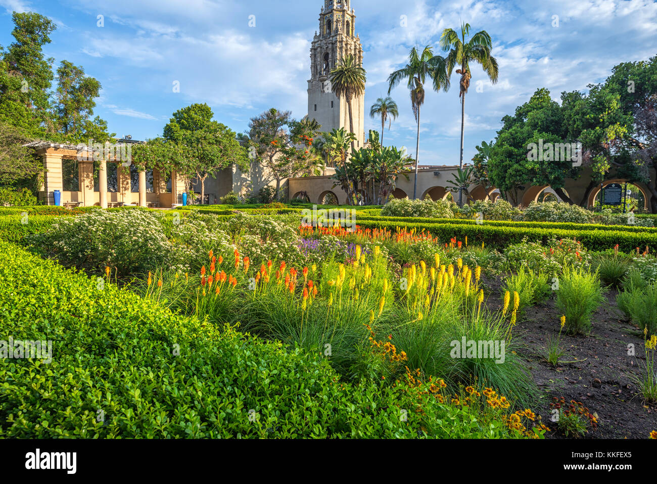 Les jardins de l'Alcazar et la Tour de Californie. Balboa Park, San Diego, Californie. Banque D'Images