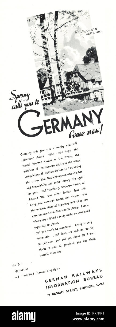 1938 UK Magazine tourisme allemand annonce Banque D'Images