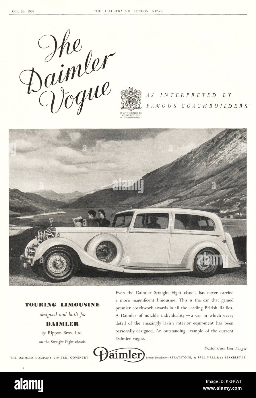 1938 Daimler Vogue Magazine britannique annonce Voiture Banque D'Images