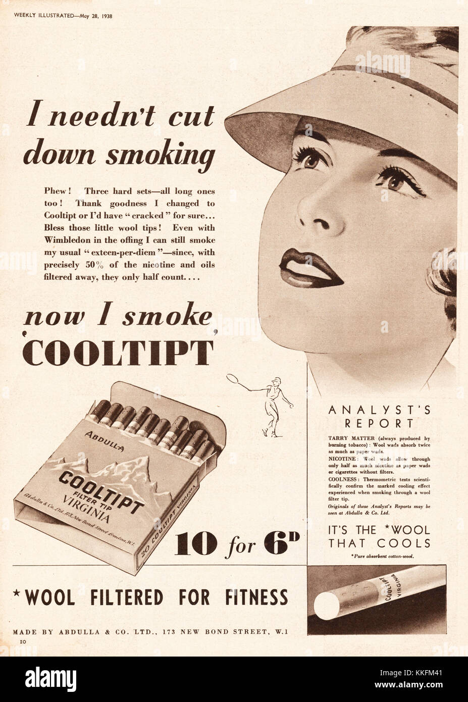 1938 Le magazine britannique de cigarettes annonce Cooltipt Banque D'Images