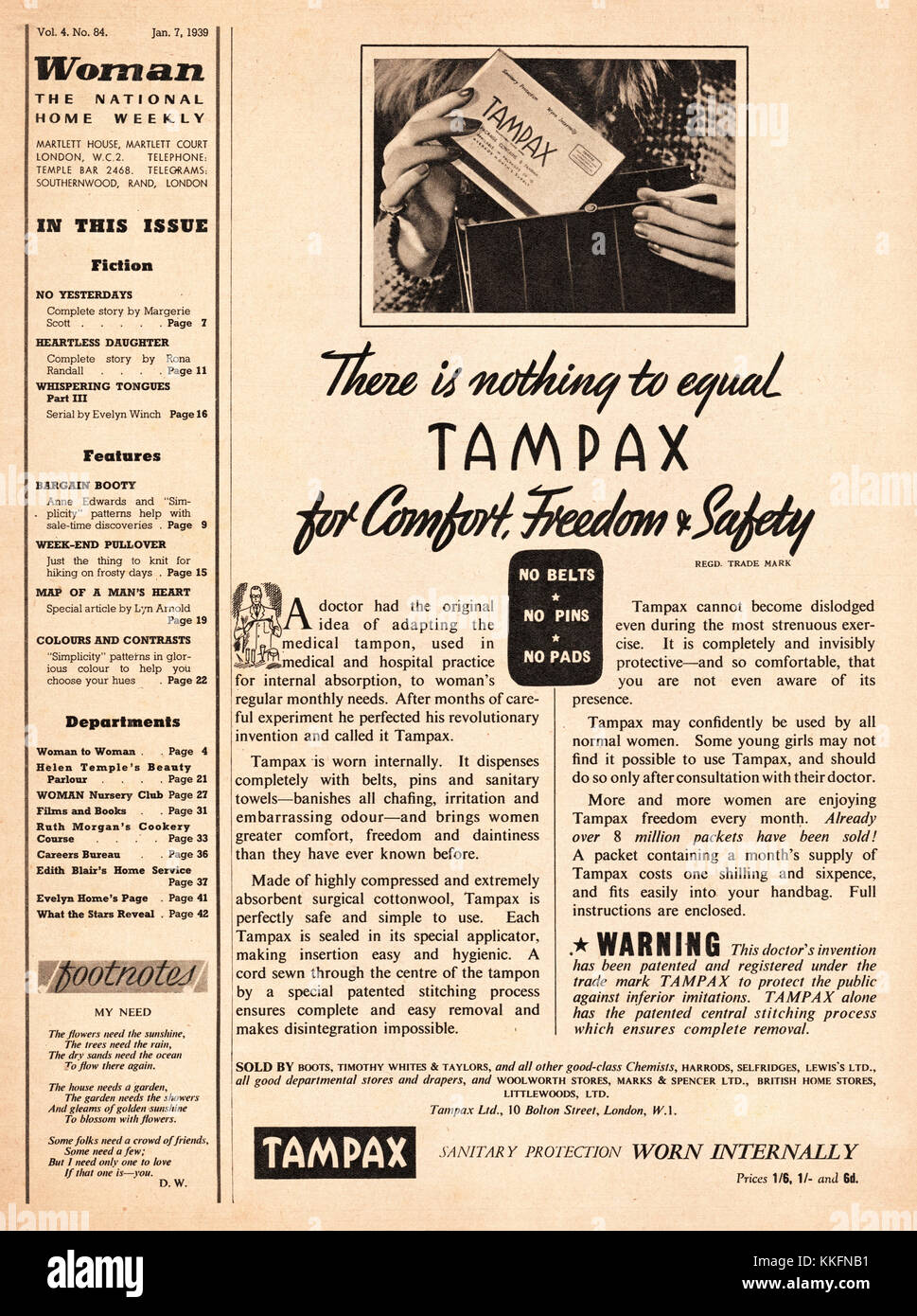 1939 Le magazine britannique annonce Tampax Banque D'Images