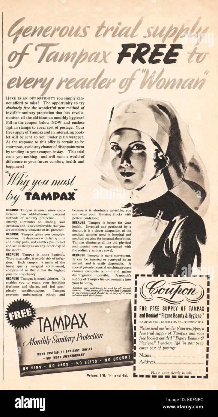 1939 Le magazine britannique annonce Tampax Banque D'Images