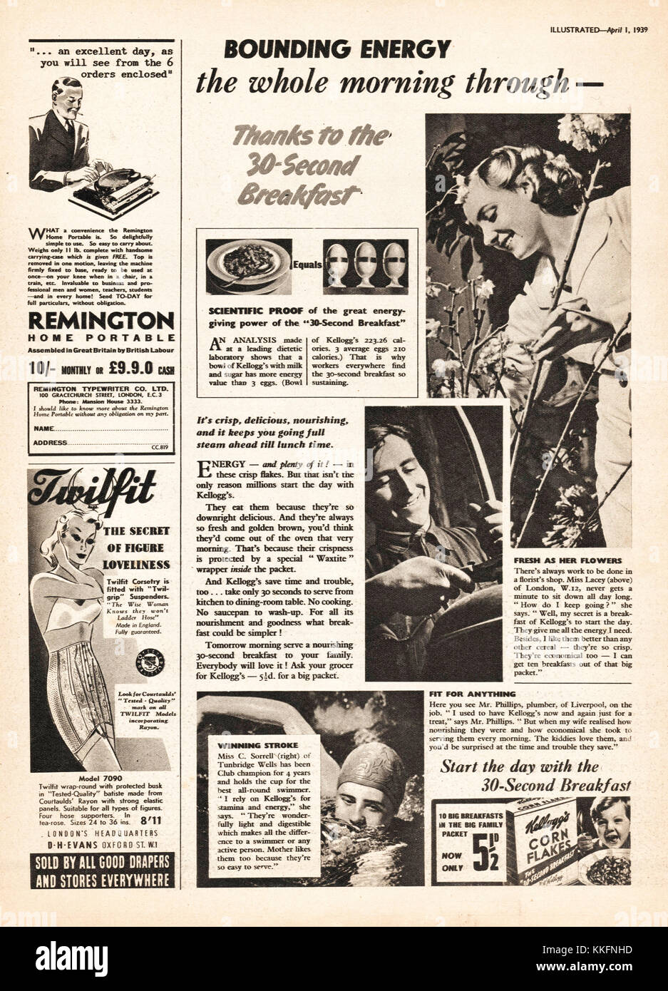 1939 Magazine BRITANNIQUE Kellogs Cornflakes Annonce Banque D'Images