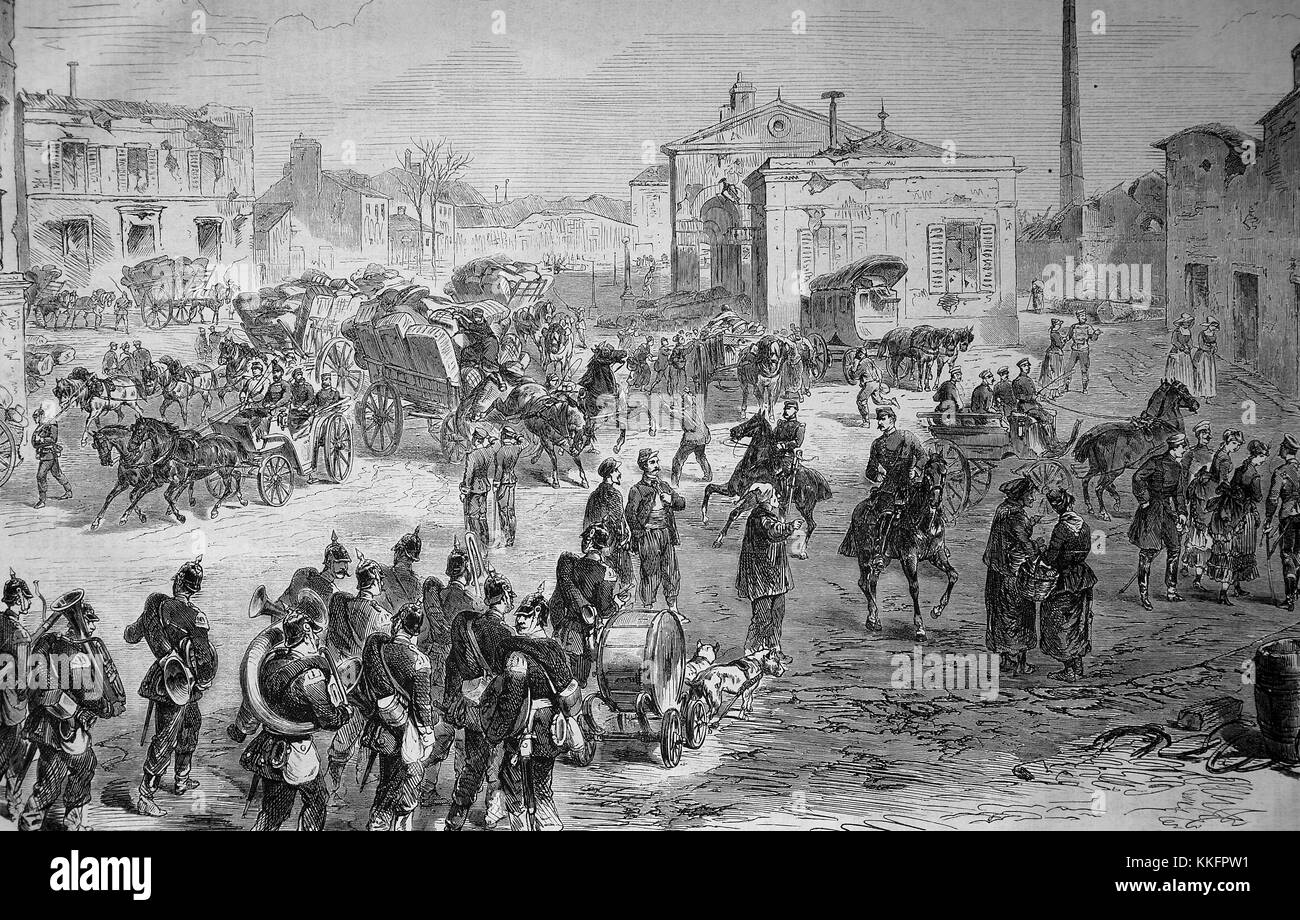 Scène de rue à Saint-Denis au cours de l'armistice, la France, la guerre franco-allemande de 1870/71, guerre de 1870 ou la guerre franco-allemande, la guerre de 1870, un conflit entre le Second Empire de Napoléon III et les états allemands de la Confédération d'Allemagne du Nord dirigée par le royaume de Prusse, l'amélioration numérique reproduction d'une gravure sur bois originale Banque D'Images