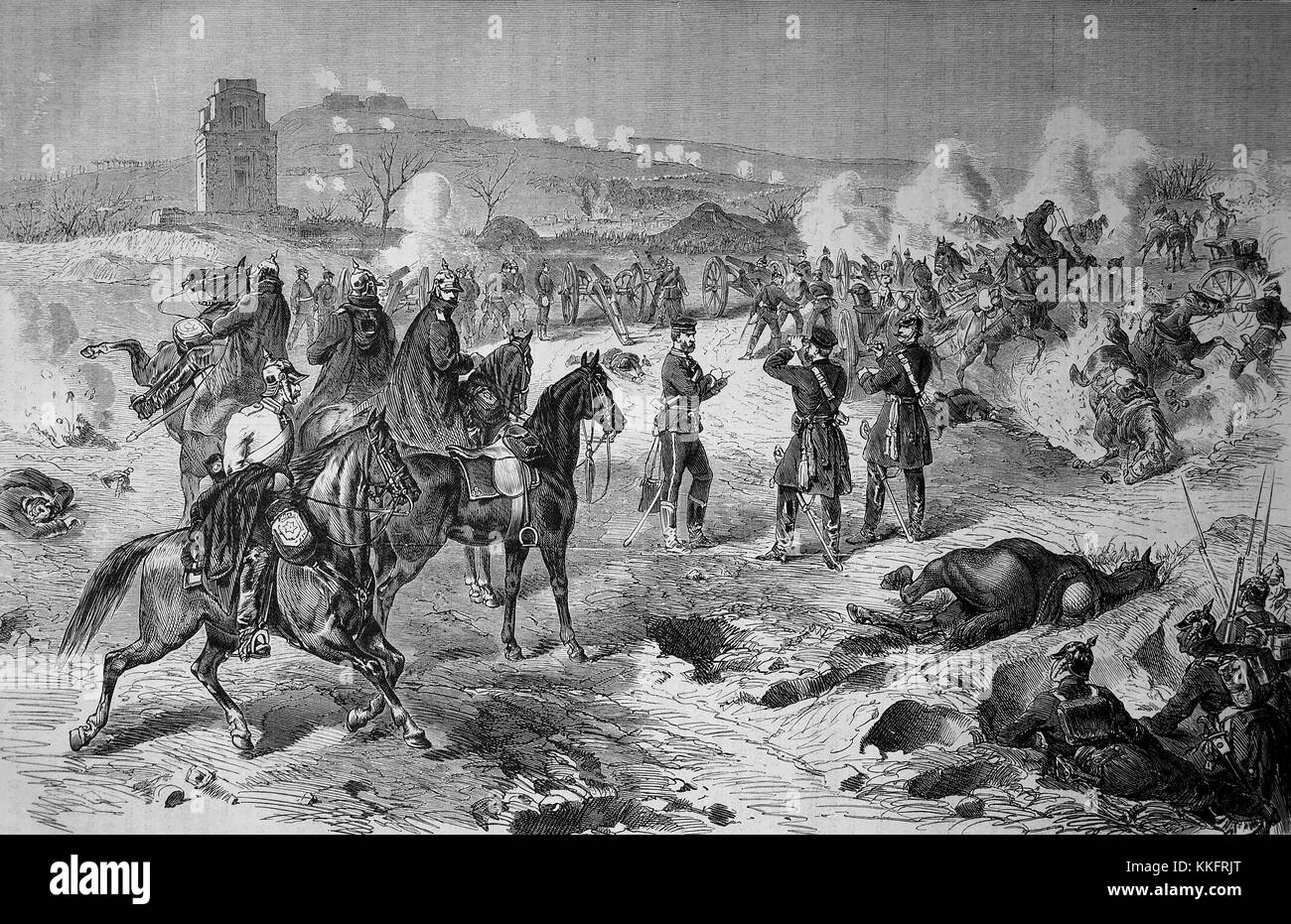 Action défensive sur l'Mont-Valerien près de Paris le 19 janvier 1871, position de l'artillerie de l'IVE Corps d'armée à Chatou, France, guerre franco-allemande 1870/71, guerre de 1870 ou la guerre franco-allemande, la guerre de 1870, un conflit entre le Second Empire de Napoléon III et les états allemands de la Confédération d'Allemagne du Nord dirigée par le royaume de Prusse, l'amélioration numérique reproduction d'une gravure sur bois originale Banque D'Images