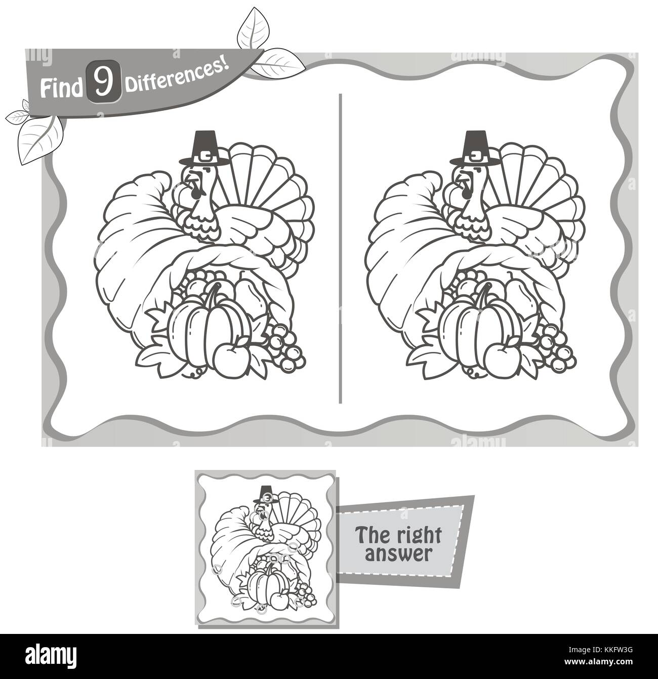 Jeu visuel pour enfants et adultes. tâche de trouver 9 différences dans l'illustration de l'action de grâce. vector illustration noir et blanc Illustration de Vecteur