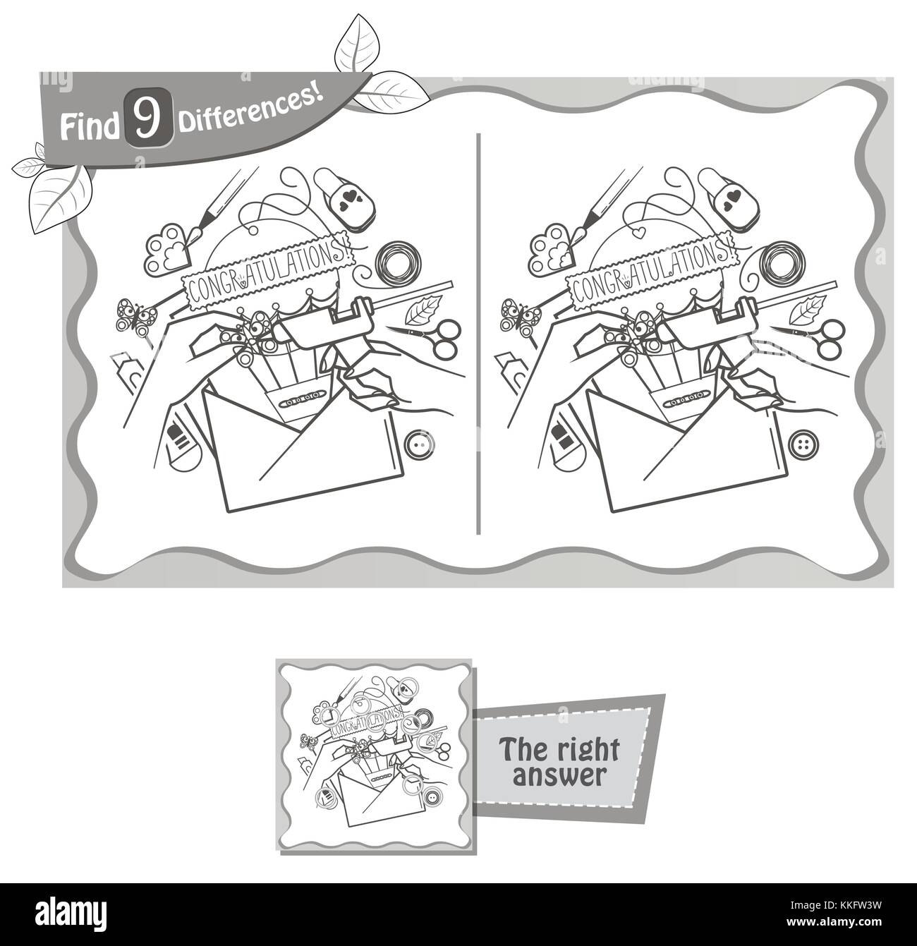 Jeu visuel pour enfants et adultes. tâche de trouver 9 différences dans l'illustration faite à la main. vector illustration noir et blanc Illustration de Vecteur