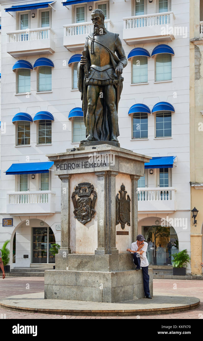 Statue de Pedro de Heredia le fondateur de Cartagena de Indias, Colombie, Amérique du Sud Banque D'Images