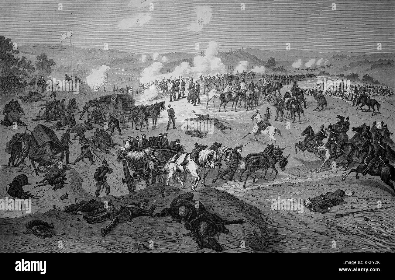 La bataille et l'approvisionnement pour les soldats blessés à Nouart le 29 août, la guerre franco-allemande de 1870/71, guerre de 1870 ou la guerre franco-allemande, la guerre de 1870, un conflit entre le Second Empire de Napoléon III et les états allemands de la Confédération d'Allemagne du Nord dirigée par le royaume de Prusse, l'amélioration numérique reproduction d'une gravure sur bois originale Banque D'Images