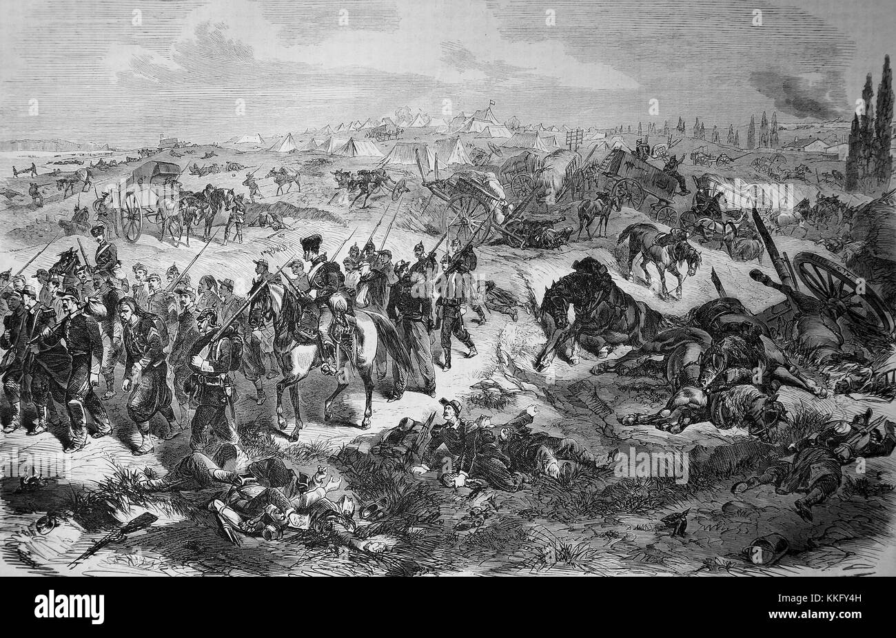 Le camp français à Beaumont sera attaqué par le ive Corps d'armée le 30 août, la guerre franco-allemande de 1870/71, guerre de 1870 ou la guerre franco-allemande, la guerre de 1870, un conflit entre le Second Empire de Napoléon III et les états allemands de la Confédération d'Allemagne du Nord dirigée par le royaume de Prusse, l'amélioration numérique reproduction d'une gravure sur bois originale Banque D'Images