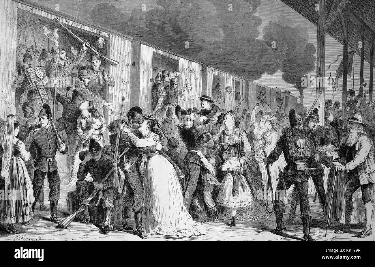 Les gens de Landwehr bavarois au revoir leurs proches à Munich, La guerre franco-allemande de 1870/71, guerre de 1870 ou la guerre franco-allemande, la guerre de 1870, un conflit entre le Second Empire de Napoléon III et les états allemands de la Confédération d'Allemagne du Nord dirigée par le royaume de Prusse, l'amélioration numérique reproduction d'une gravure sur bois originale Banque D'Images