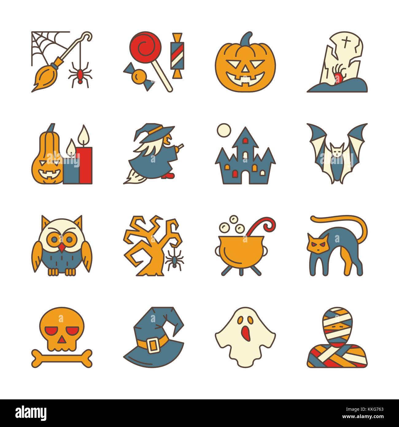 Symbole coloré Halloween party icon set. Collection signe avc modifiable. Web couleur, carte, fête, tag, print, logo, bannière concept. Isolated on white Illustration de Vecteur