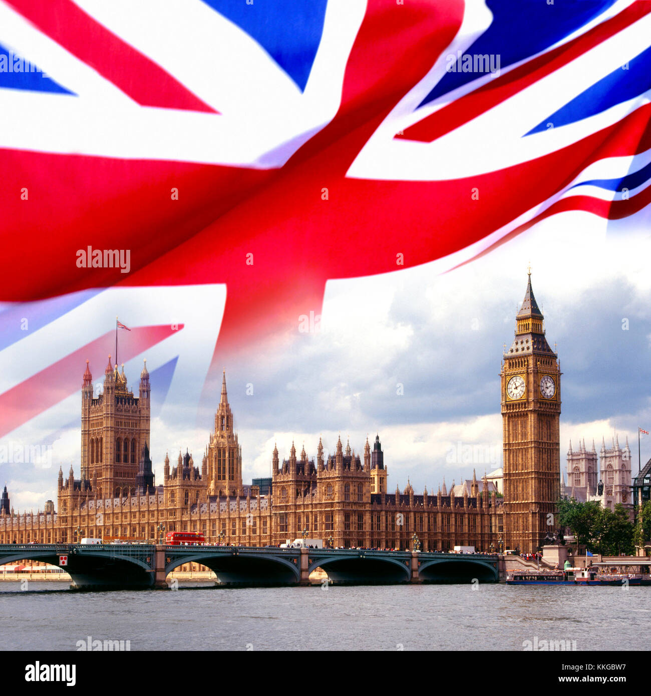 La Chambre du Parlement, Big Ben et le drapeau de la Grande-Bretagne. Banque D'Images