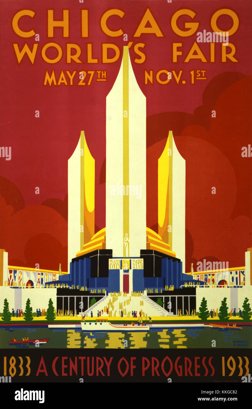 L'affiche de l'exposition universelle de Chicago de 1933, intitulée *A Century of Progress*. Il célèbre les avancées technologiques et les innovations du début du XXe siècle. Banque D'Images
