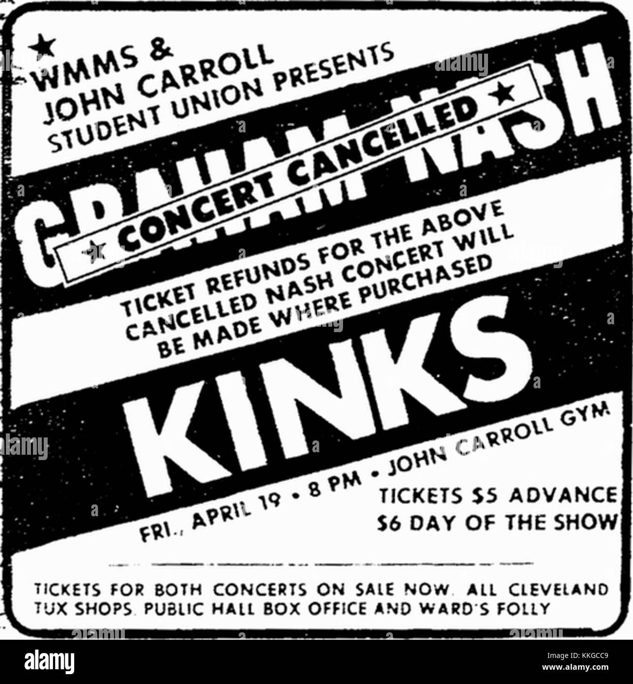 Cette publicité imprimée de 1974 promeut un concert des Kinks, un groupe de rock britannique renommé. Il reflète la culture musicale des années 1970 et l'essor de la musique rock à l'époque. Banque D'Images