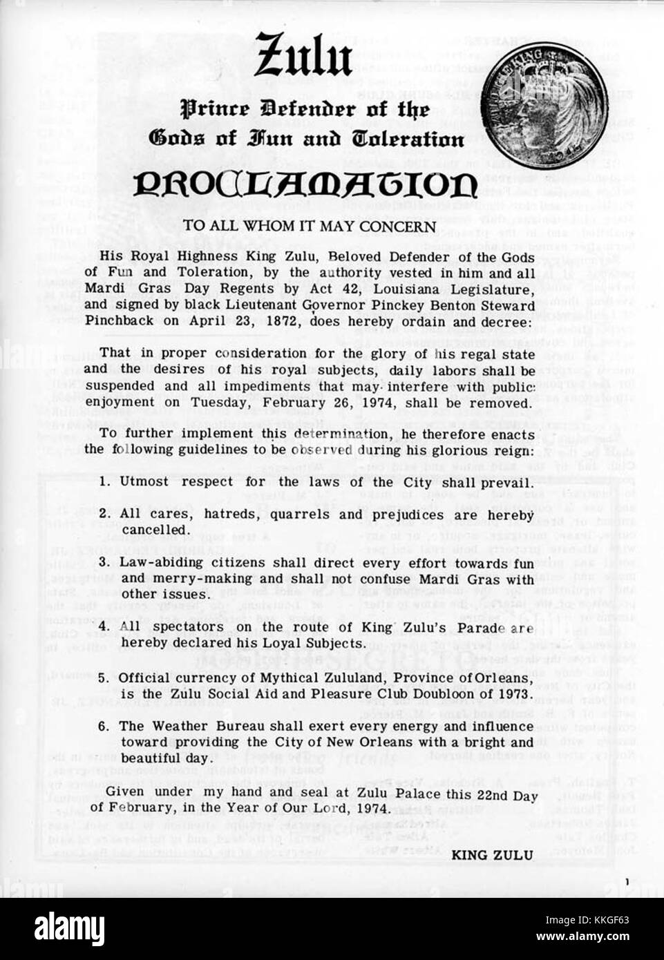 Le défilé de mardi gras du Zulu social Aid and Pleasure Club en 1974 a été un événement important dans la célébration du Carnaval de la Nouvelle-Orléans. Connu pour ses chars élaborés et ses spectacles animés, l'événement met en valeur les traditions culturelles du Zulu Club. Banque D'Images