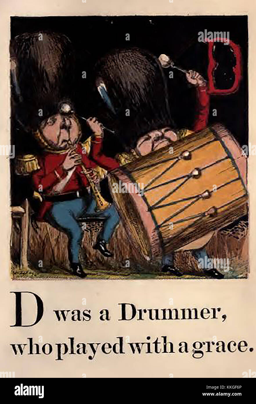 Une couleur historique Victorian children's ABC book illustration .- D est le batteur de musiciens militaires montrant portant des chapeaux en peau d'un tambour et de jouer et clarinette Banque D'Images