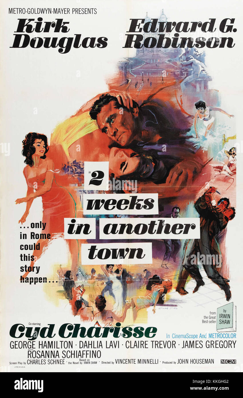 Cette affiche pour le film *Two Weeks in Another Town* (1962) capture l'essence du film, qui raconte l'histoire du retour d'un réalisateur troublé à Hollywood. Le drame explore les luttes émotionnelles et professionnelles du réalisateur. Banque D'Images