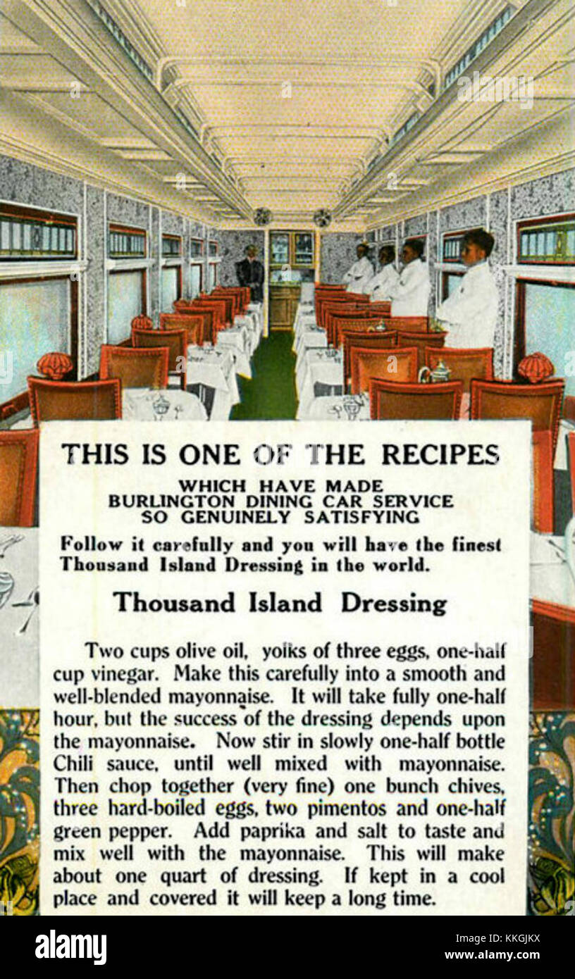 Le Chicago Burlington and Quincy Dining car, qui fait partie de l'historique chemin de fer américain, servait des repas aux passagers pendant le voyage. Cette image comprend une recette du wagon-restaurant, offrant un aperçu de l'hospitalité ferroviaire du début du XXe siècle. Banque D'Images