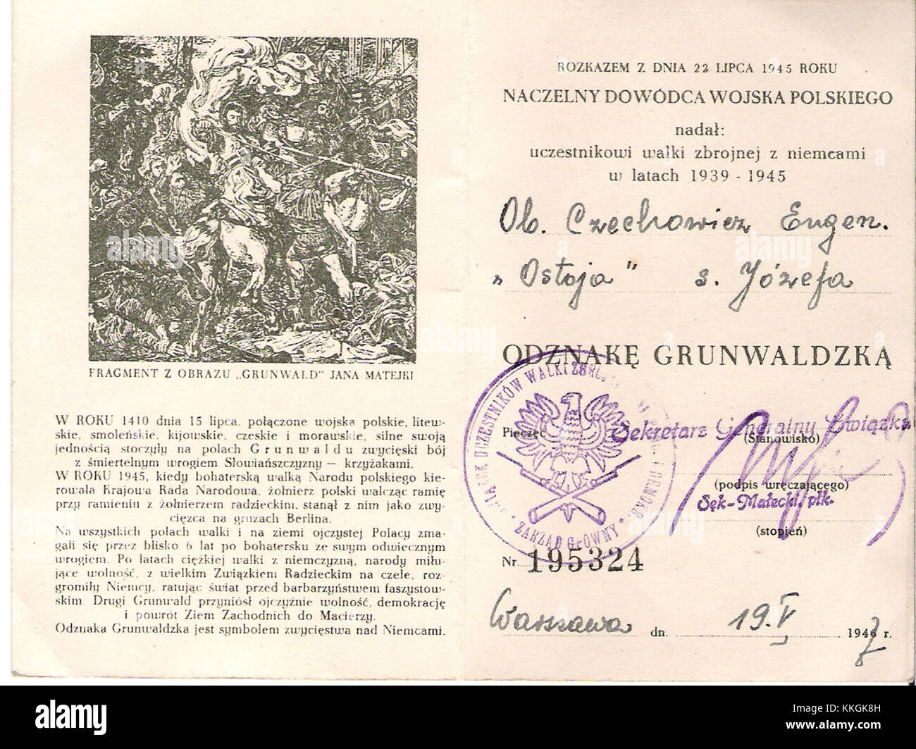 Le badge Grunwaldzka et la carte de membre appartenaient à Eugeniusz Czechowicz. Ce badge est associé aux Chevaliers de Grunwald, un groupe militaire polonais commémorant la bataille de Grunwald en 1410. L'insigne sert de marqueur historique du patrimoine militaire polonais et honore ceux qui sont liés à cette bataille importante. Banque D'Images