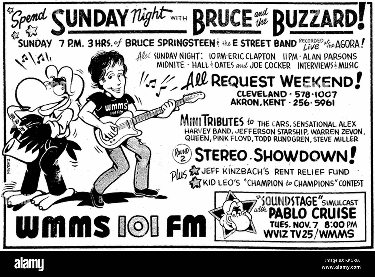 Cette annonce imprimée de 1978 de WMMS invite les auditeurs à passer les dimanches soirs avec Bruce pour promouvoir une émission de radio qui faisait partie de la programmation de la station. Il reflète le rôle de la station dans l'histoire de la radiodiffusion locale. Banque D'Images