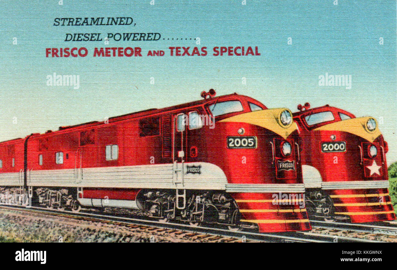 Une photographie vintage montrant le Frisco Railroad Meteor et le service diesel Texas Special d'environ 1948, reflétant l'histoire des transports et des chemins de fer de l'époque. Banque D'Images