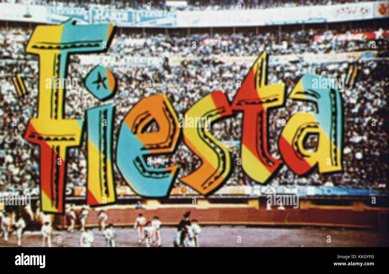 La carte-titre du film *Fiesta* présente le nom du film, avec son graphisme reflétant les éléments culturels et thématiques du film. Banque D'Images