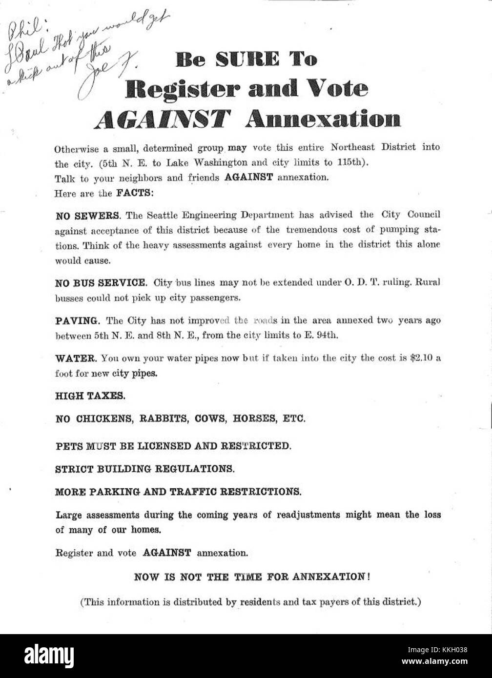 Un dépliant anti-annexion du nord de Seattle, vers 1944, reflète l'opposition locale à l'annexion de quartiers dans la ville, soulignant l'activisme politique pendant la première Guerre mondiale Banque D'Images