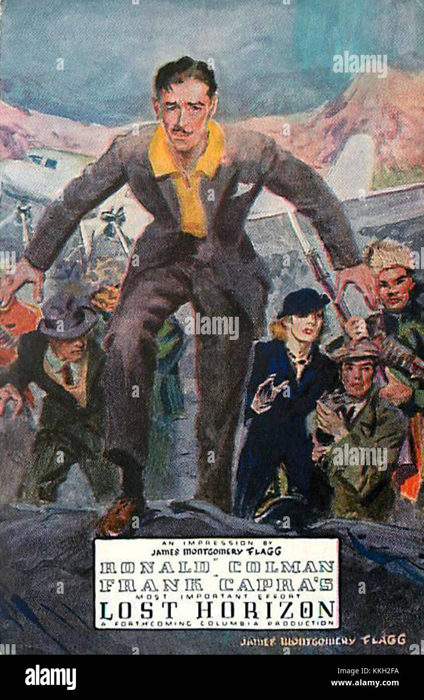 La carte postale promotionnelle de 1937 pour le film *Lost Horizon* capture des éléments clés du cadre exotique et utopique du film. Le film, réalisé par Frank Capra, raconte l’histoire d’un groupe de voyageurs découvrant un paradis caché. Banque D'Images