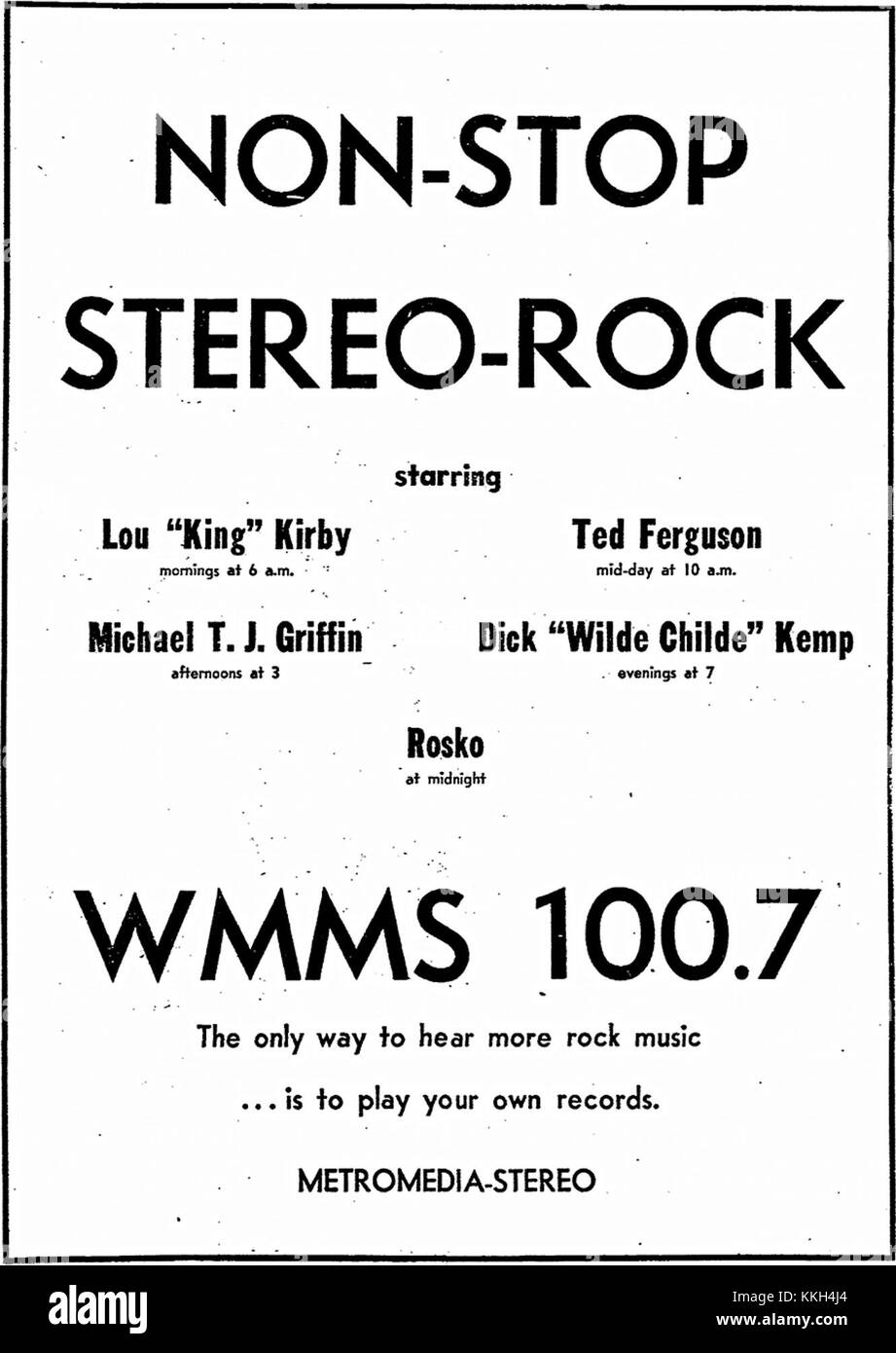 Une publicité imprimée de 1970 pour WMMS, une station de radio basée à Cleveland, faisant la promotion de sa programmation « non-Stop Stereo-Rock ». La publicité souligne l'engagement de la station envers la diffusion continue de musique rock, visant à attirer les auditeurs à la recherche d'un contenu rock ininterrompu. Banque D'Images