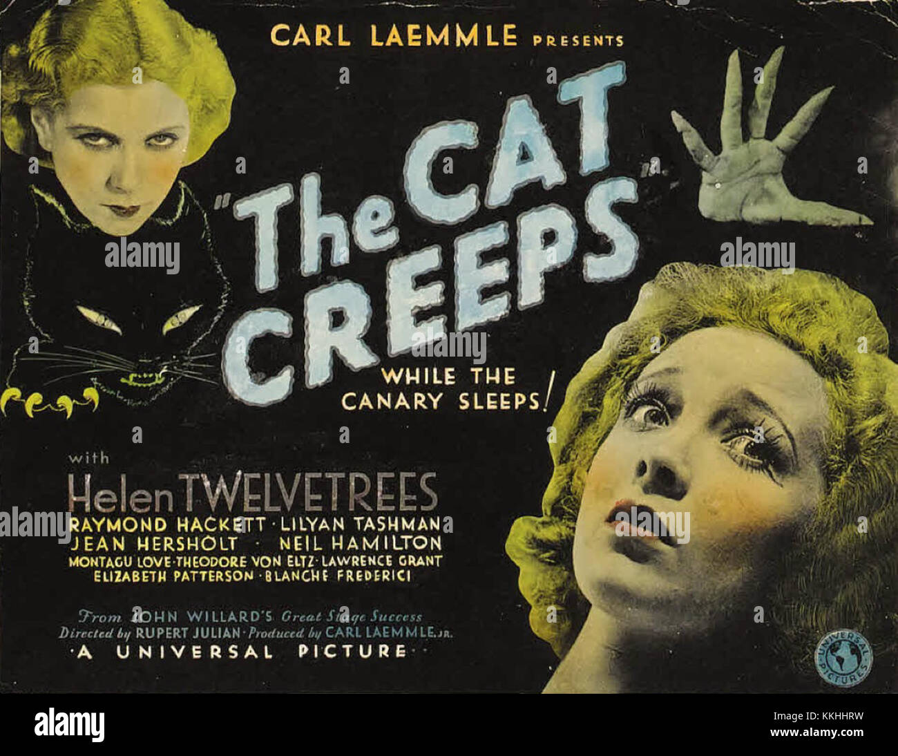 « The Cat Creeps » (1930) est un film, et la carte du lobby présente des images promotionnelles clés du film. La carte met en valeur le genre filmâ€™, avec des éléments de suspense ou d'horreur. Il donne un aperçu du style marketing et de l'attrait du public du cinéma du début du XXe siècle. Banque D'Images